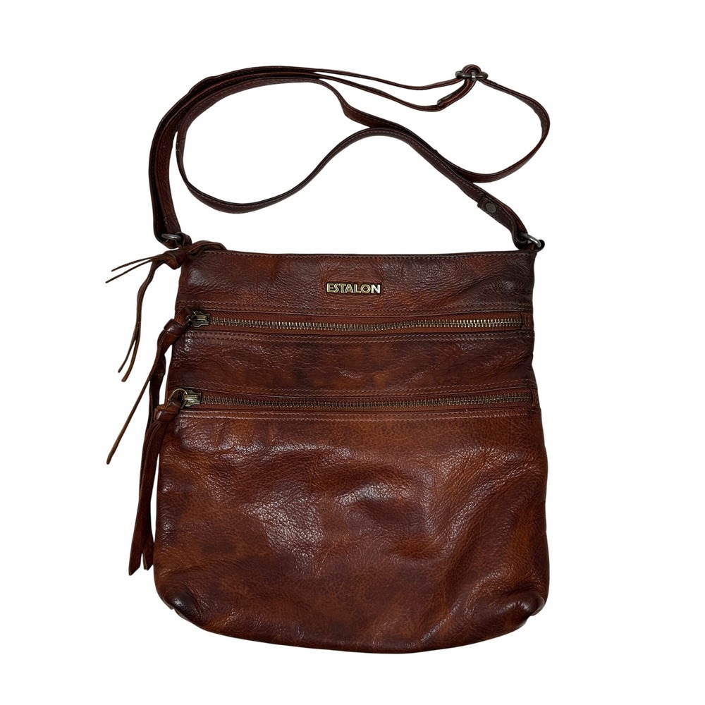 Estalon Brown Genuine Leather Crossbody Bag Organizer Purse with Tassels